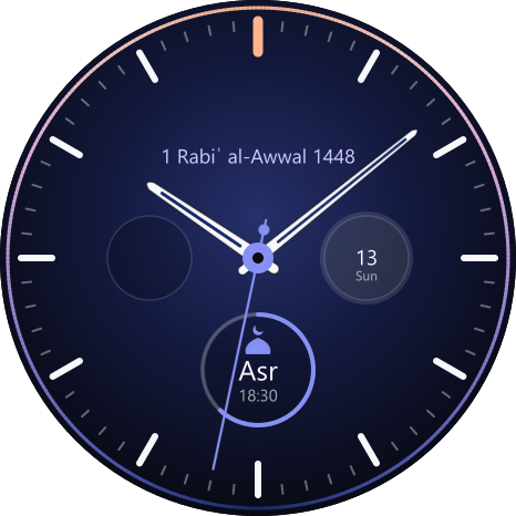 Classic watch face: an analogue dial with a day-to-night ring, the Islamic date, a date sub-dial and a prayer sub-dial showing Asr at 18:30