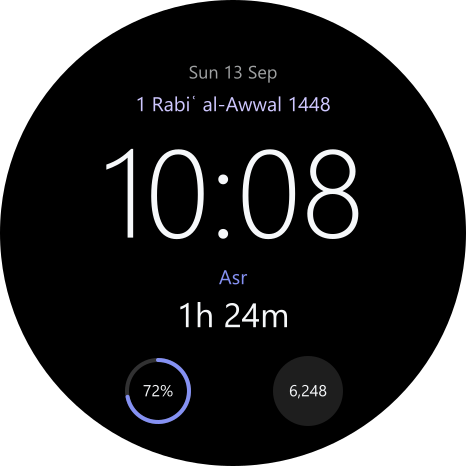Minimal watch face: a large thin 10:08 on black, Asr with a 1 hour 24 minute countdown, and round slots for battery and steps