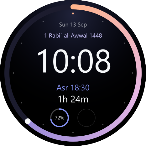 Orbit watch face: 10:08 inside a gradient ring that shows progress to the next prayer, with Asr 18:30 and a 1 hour 24 minute countdown