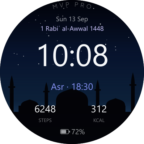 Scenic watch face: 10:08 over a night sky and masjid silhouette, with the date, Islamic date, next prayer, steps and battery